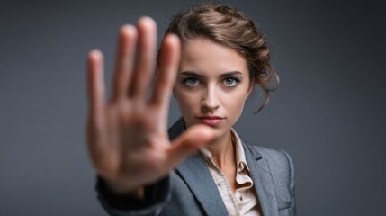 A business professional stands assertively with her hand raised signaling to pause. She wears a tailored suit and has an intense expression emphasizing focus and determination.