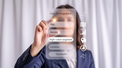Professional interacts with transparent display showing user demographic selection options