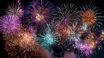 A vibrant display of fireworks lighting up the night sky, showcasing a myriad of colors and shapes, creating a festive atmosphere during celebrations and special occasions.