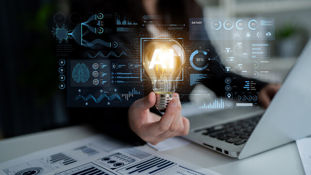 A futuristic AI dashboard for business intelligence. This platform showcases advanced data analytics, processing complex information into visual charts and graphs for strategic insights. Fermion - Powered by Adobe