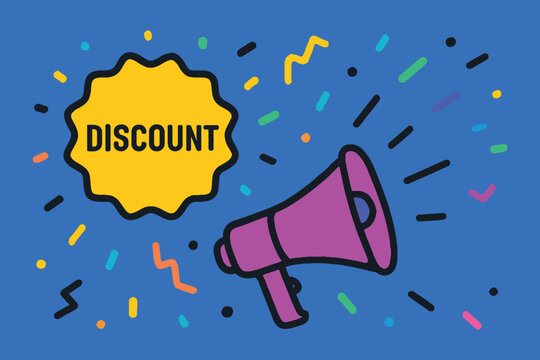 Megaphone announcing discount with confetti and starburst