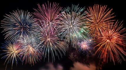 Fototapeta premium A stunning display of colorful fireworks lighting up the night sky, symbolizing celebration and joy. Perfect for events, holidays, and festive occasions.