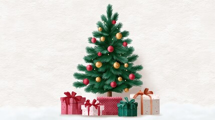 Christmas tree with gold and red ornaments sits in front of a pile of presents