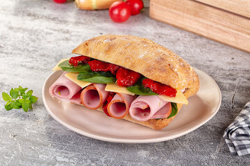 Ciabatta with mortadella, tomato, cheese and spinach