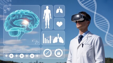 Medical professional uses virtual reality headset to interact with holographic futuristic biological data outdoors