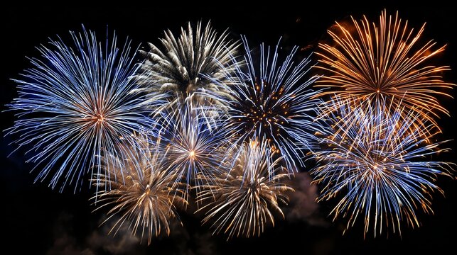 A stunning display of colorful fireworks lighting up the night sky, showcasing vibrant bursts of red, blue, gold, and silver