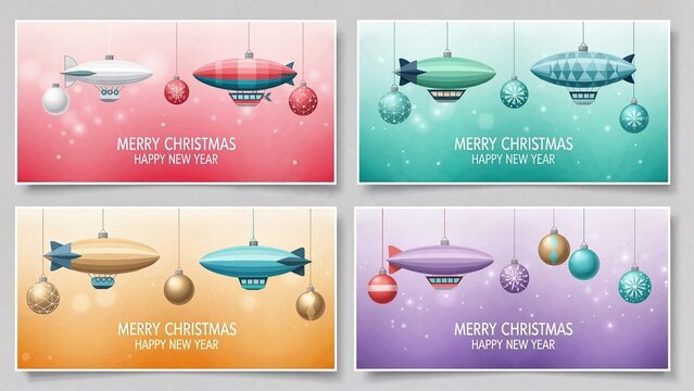 Christmas card divided into four parts with airships and Christmas ornaments on colorful pastel backgrounds