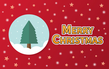 Merry Christmas web banner. Winter minimalist landscape. Letters for the holiday greeting gift poster. Xmas card. Design for Christmas day festival. Vector illustration. Horizontal red poster