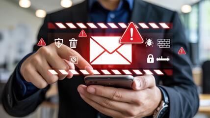 Business professional interacts with a digital interface displaying email security warnings on a mobile device