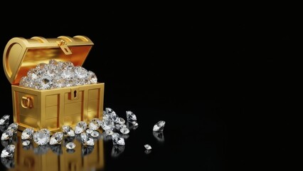 Gold treasure chest overflowing with sparkling diamonds on black.
