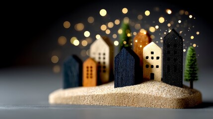 Fototapeta premium Miniature village with toy houses and bokeh lights against a dark background