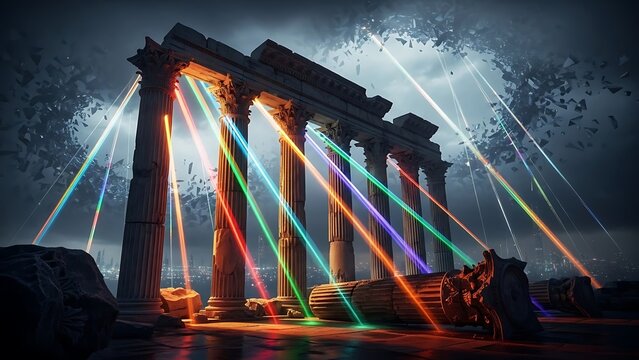 Ancient ruin illuminated by dramatic, colorful laser beams at night