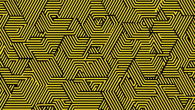 Intricate geometric pattern featuring interlocking hexagonal shapes with repeating golden yellow and black linear designs creating a visually stimulating abstract background