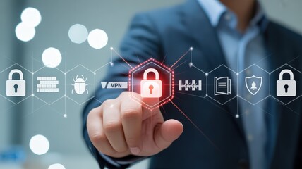 Business professional interacts with a glowing digital interface displaying cybersecurity icons for data protection