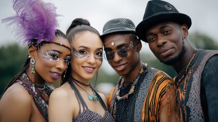 Group of people wearing colorful clothing and accessories. One of the people is wearing a hat.
