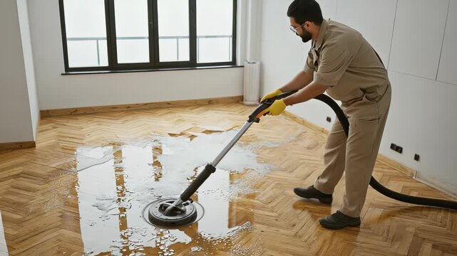 Professional Floor Cleaning: Man Using Rotary Floor Scrubber to Clean and Polish a Wooden Parquet Floor in a Bright Room with Large Window