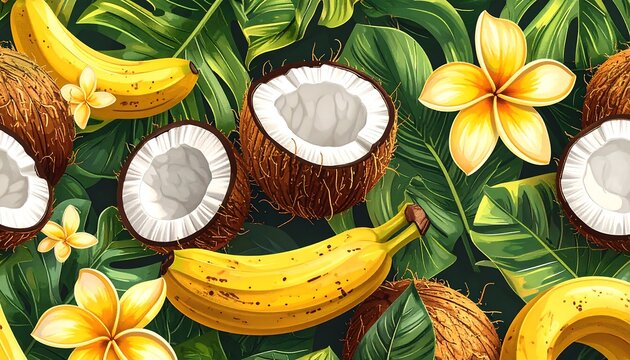 Tropical pattern coconuts, bananas, plumeria flowers, and lush green leaves create a vibrant, natural background