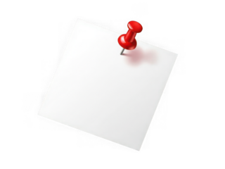 Red pushpin holding a blank white square note paper, isolated on transparent background
