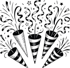 Five black and white party poppers exploding confetti and streamers