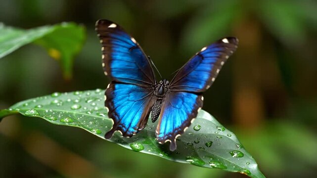 Stunning Blue Morpho Butterfly Resting on a Leaf in Lush Green Rainforest.