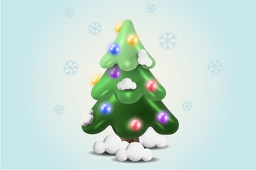 Christmas Tree With Snow and Christmas Ornament and Snow Flakes