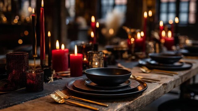 Romantic candlelit dinner table with dark mood