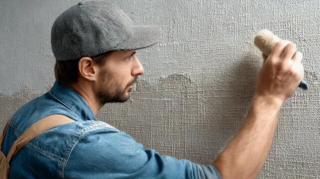 Focused Man Applying Wallpaper Paste to Textured Wall with Roller, Home Improvement and Renovation Project, DIY, Side View