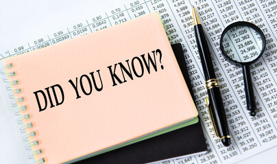 DID YOU KNOW? - words on a yellow notebook on a background of digital tables, a magnifying glass...