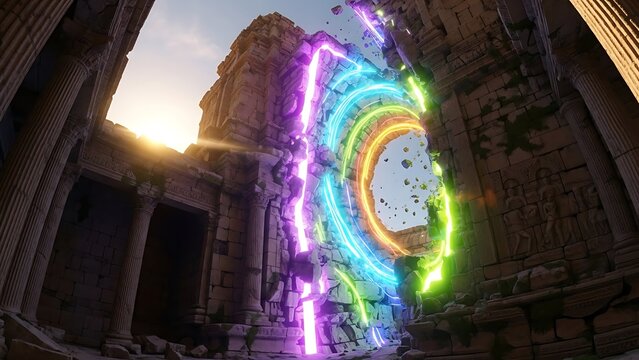 Ancient temple ruin with glowing neon portal and magical energy,time wrap,retrofurism - Powered by Adobe