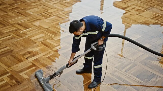 Professional Water Damage Restoration: Man Using Wet Vacuum to Extract Water from Flooded Parquet Wood Floor After Leak