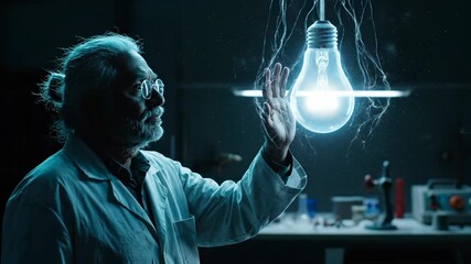 Scientist observes glowing lightbulb experiment. Researcher monitors electricity near lab bench and lightbulb. Beaker and testtube sit on lab bench. Laboratory shows invention setup and instrument.