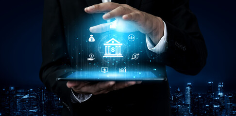 Concept of digital banking and global financial services. A network of secure online transactions, currency exchange, and money management for the international economy. Fermion