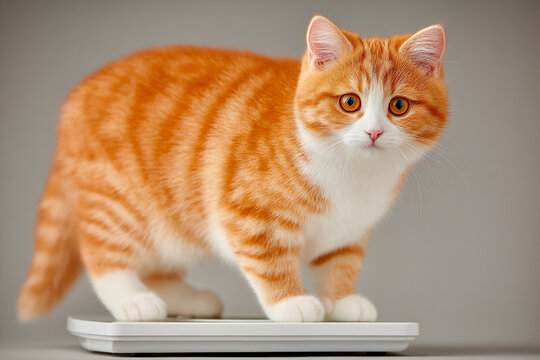 Cat standing on scale for weight management and health check Generative AI