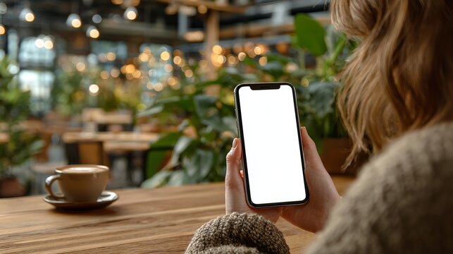 Woman enjoys coffee while browsing on her smartphone with a blank screen in a trendy cafe, perfect for social media or advertising use