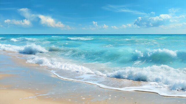 The ocean is calm and the sky is blue. The water is a beautiful shade of blue. The beach is empty and the waves are gentle - Powered by Adobe