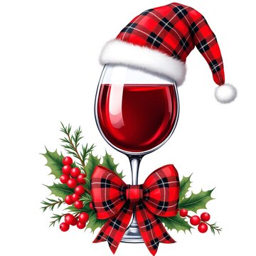 Festive glass of red wine wearing a red and black plaid santa hat with matching bow and holly decoration isolated on white background