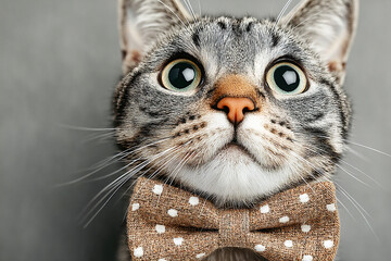 Fototapeta premium Cute cat with bow tie posing against a plain background in a studio setting Generative AI
