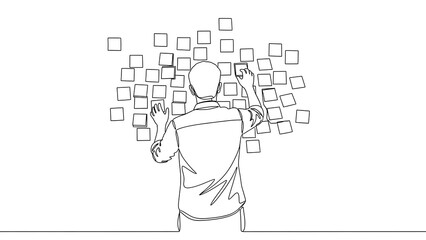 Continuous line drawing of a person organizing blank sticky notes on a wall for brainstorming, creative idea generation, and problem-solving process