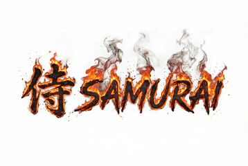 Fiery Samurai Kanji and SAMURAI Text Burning Flame Typography with Dark Warrior Atmosphere, Glowing Orange Red Fire and Smoke on White Background-Generative AI
