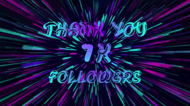 Thank You 7K Followers text Animation. Speed background light rays zoom.