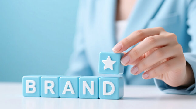 Businesswoman Success hand placing pastel blue block with star icon on BRAND letter blocks for brand building and corporate identity on soft blue pastel background