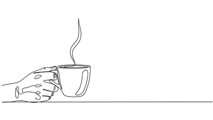 Continuous line drawing of a hand holding a steaming cup of coffee, representing warmth, comfort, and the simple pleasure of a hot drink moment.