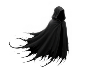 Ethereal black hooded cloak with ragged edges, symbolizing mystery and darkness, isolated on transparent background
