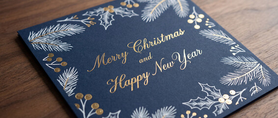 Elegant Dark Blue Holiday Greeting Card with Hand-Drawn Branches and Florals