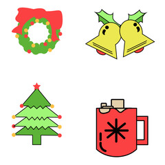 Icon set of christmas event concept design. Christmas ornaments, bells, Christmas trees, hot chocolate cups. Vector illustration.