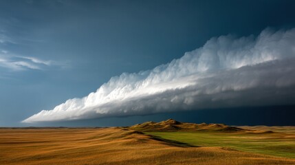 Dramatic cloud formation stretches across a grassy landscape under darkening skies. The scene captures the tension of an approaching storm during late afternoon.