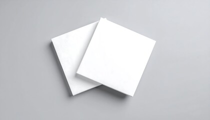 Overhead studio shot features two square, blank, white papers overlapping slightly against a simple gray backdrop