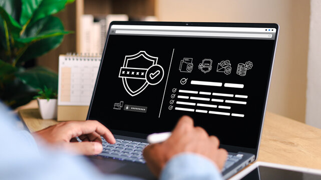 Businessman typing on laptop with virtual login interface overlay showing username, password, and security lock. Concept of data protection, identity verification, and cybersecurity. - Powered by Adobe