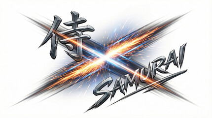 Samurai Kanji and SAMURAI Text Crossed Dual Sword Battle Typography with Explosive X-Shaped Slash Sparks on White Background-Generative AI