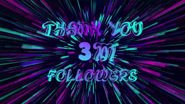Thank You 2M Followers text Animation. Speed background light rays zoom.